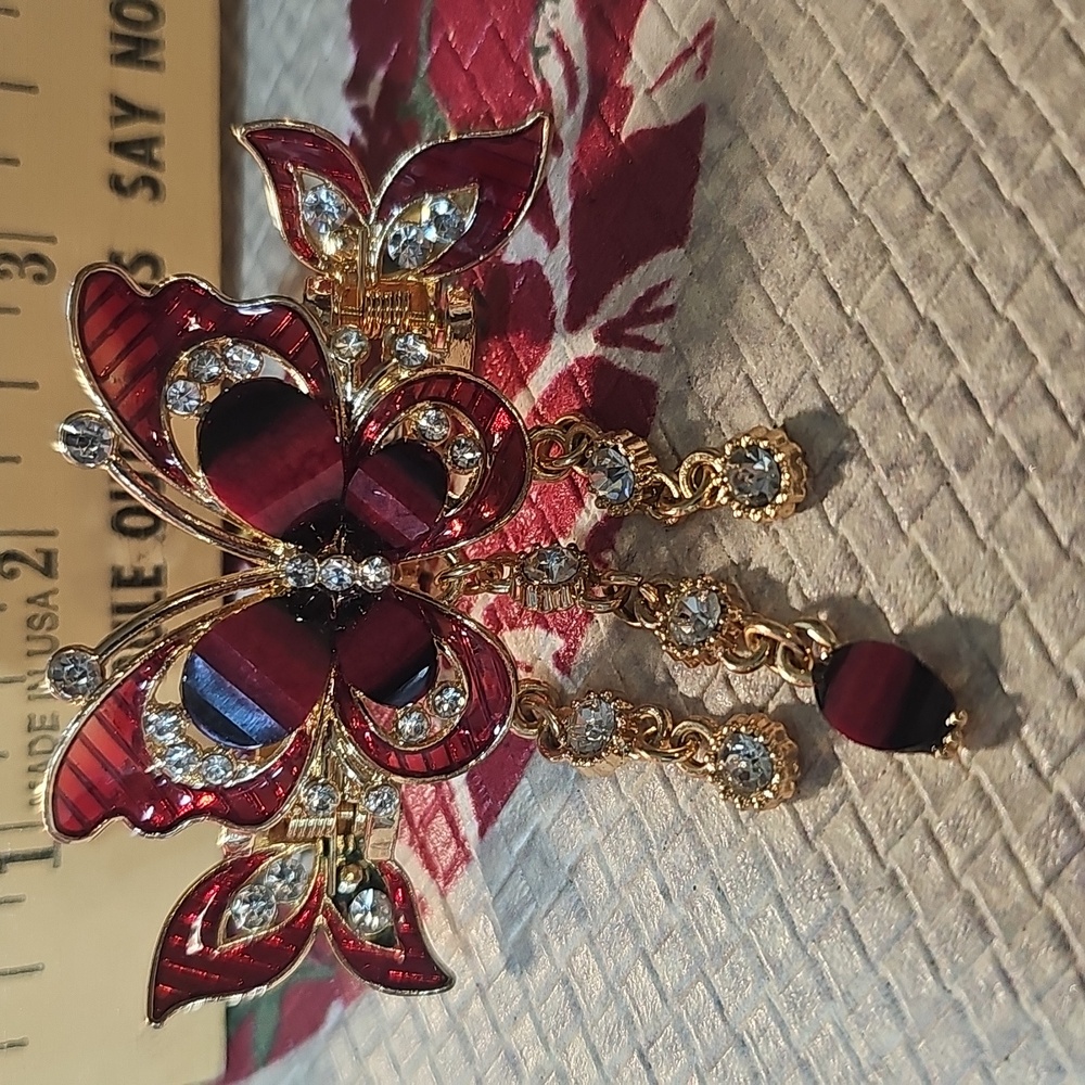 Elegant Red Butterfly And Rhinestone Hair Clip